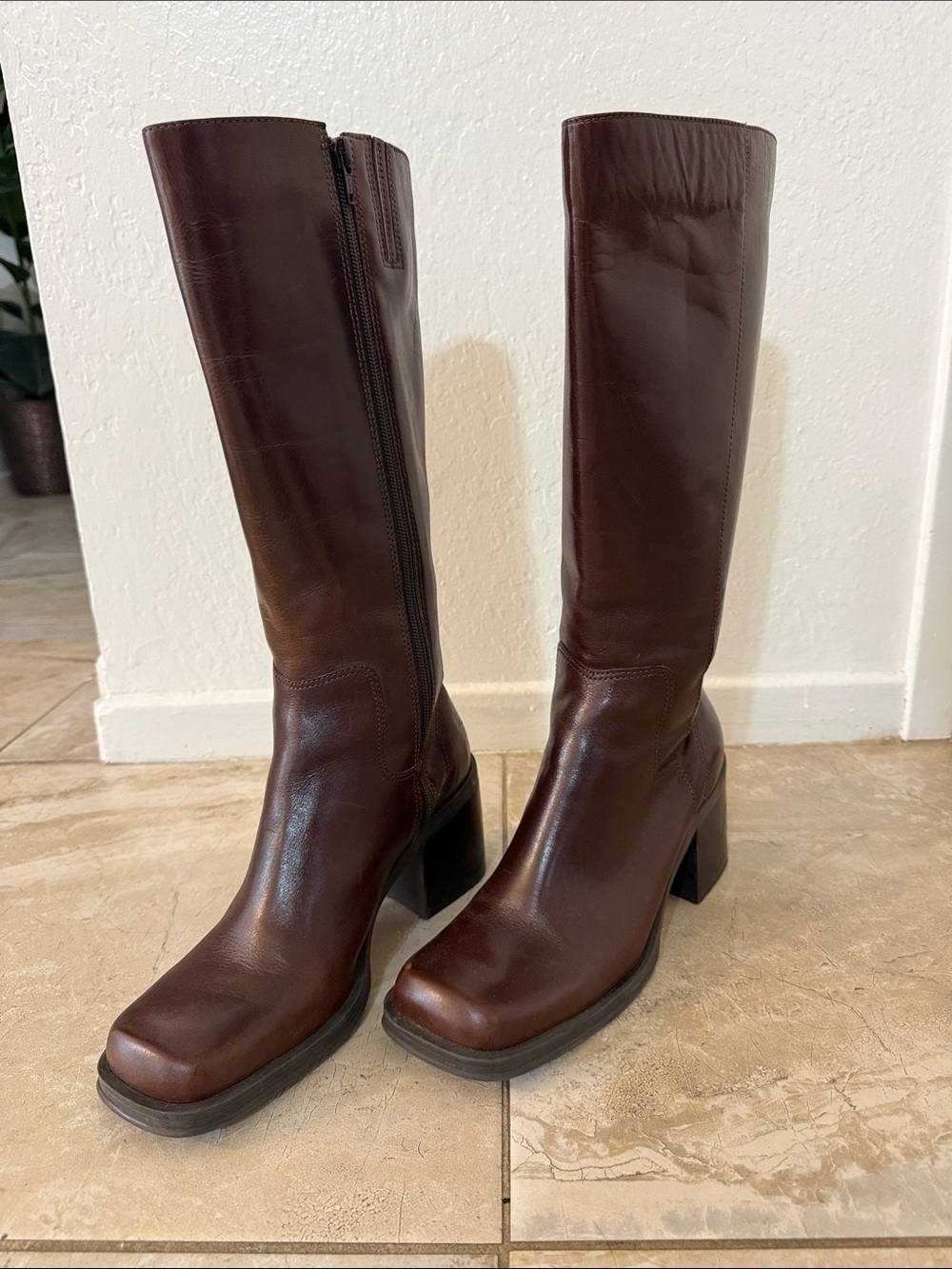 Women's Over-the-Knee Brown Leather Block Heel Boots